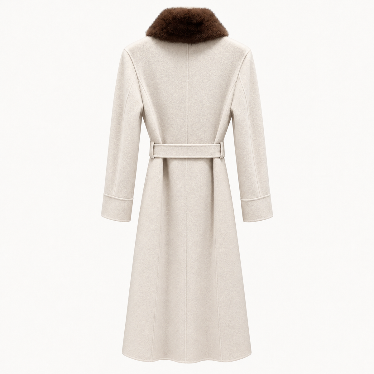 Ivory Mink Fur Collar Belted Long Coat