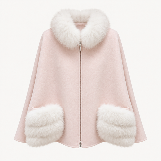 Blush Fox Fur Trim Wool Cape