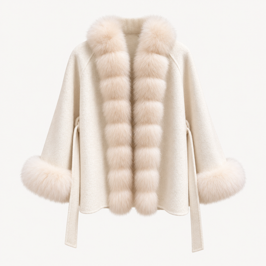 Ivory Fox Fur Trim Wool Cape Coat