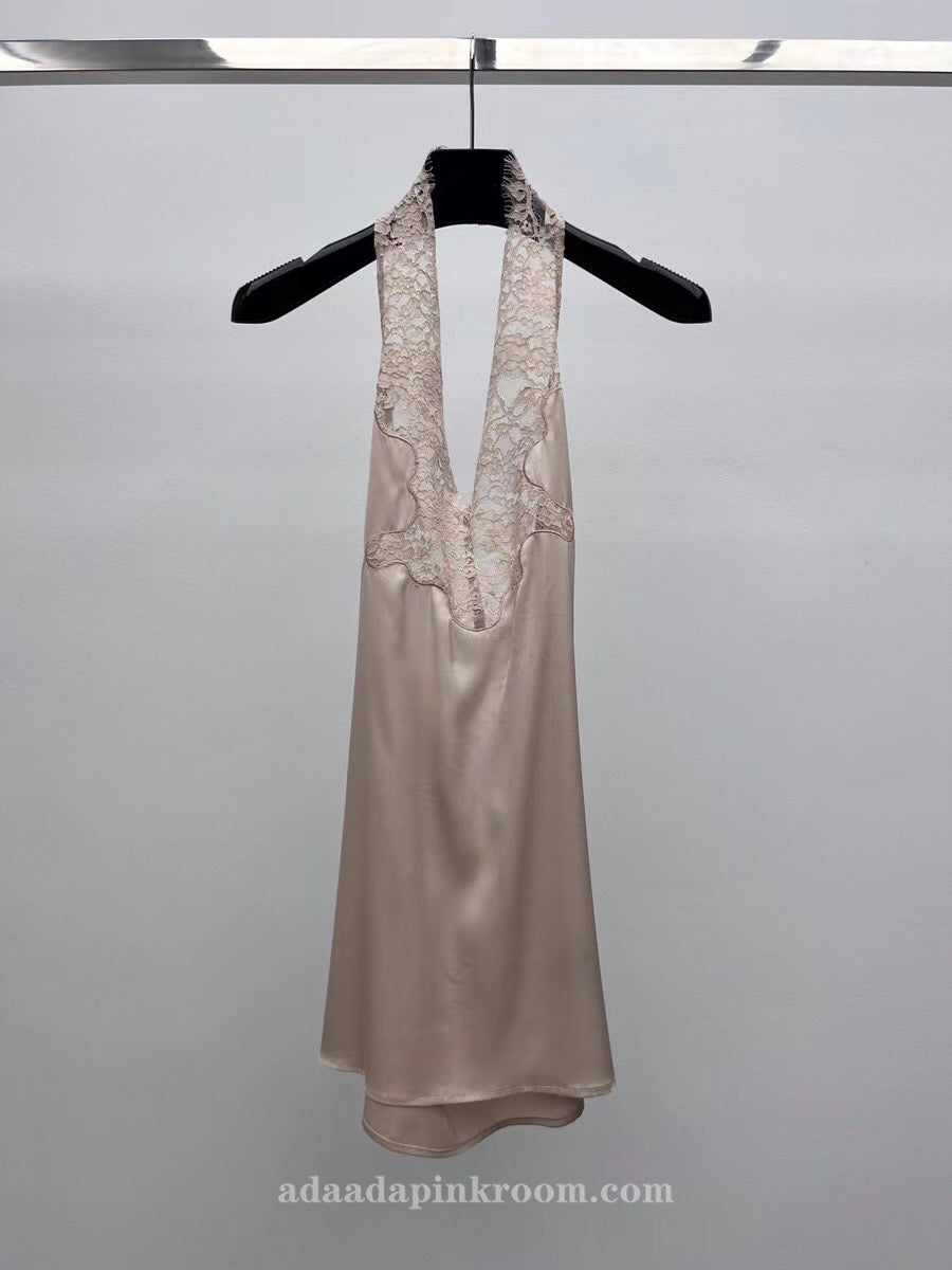 Lace Halter Silk Dress