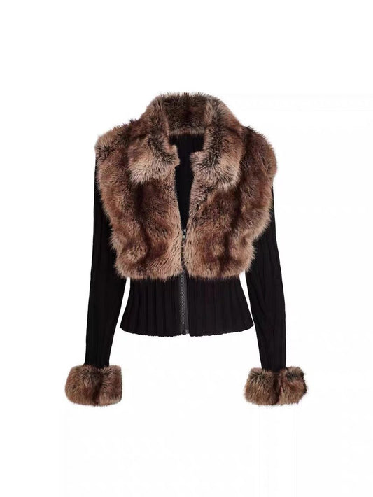 Plush lapel long-sleeved knitted cardigan