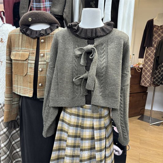 V-neck tie bow cropped sweater