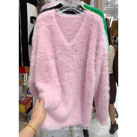 V-neck faux mink sweater
