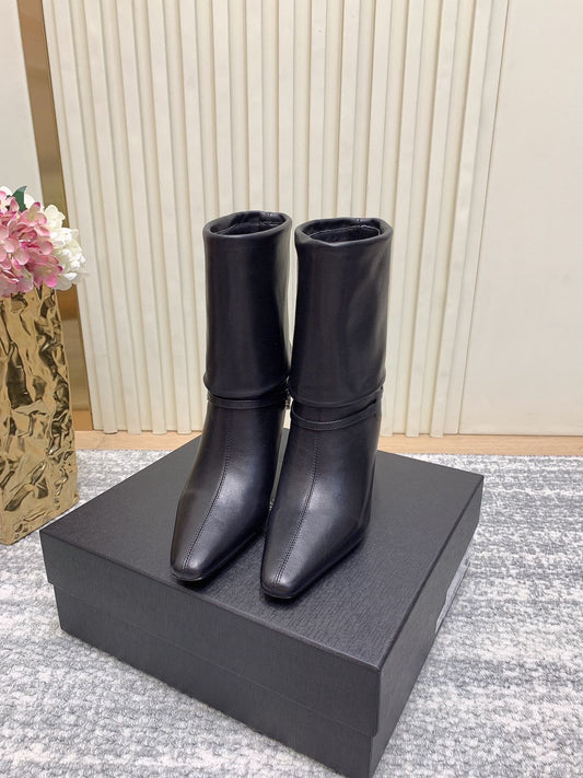 Square toe lapel leather ankle boots