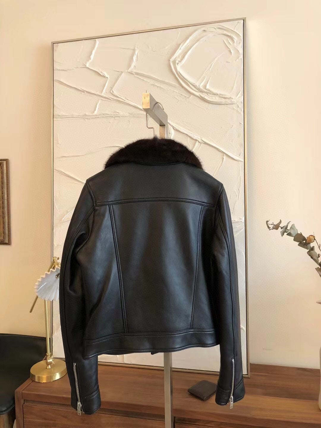 Lambskin jacket with mink collar
