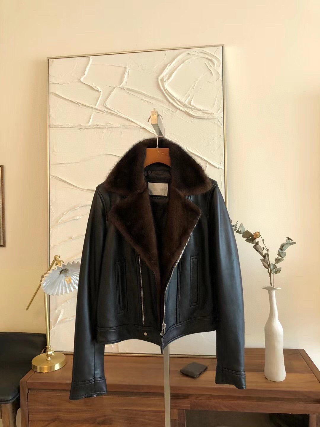 Lambskin jacket with mink collar