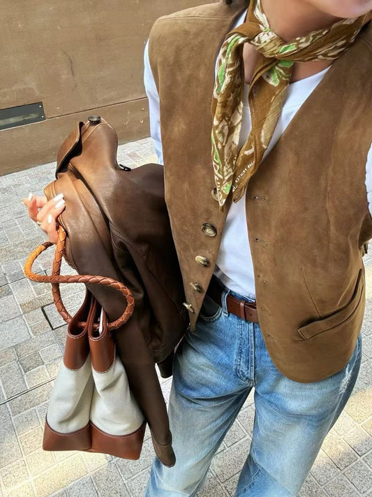 Suede horn button vest