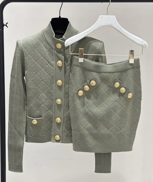 Avocado green knitted cardigan + skirt