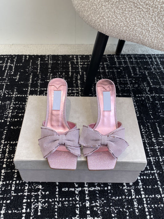Square Toe Stiletto Bow Slippers