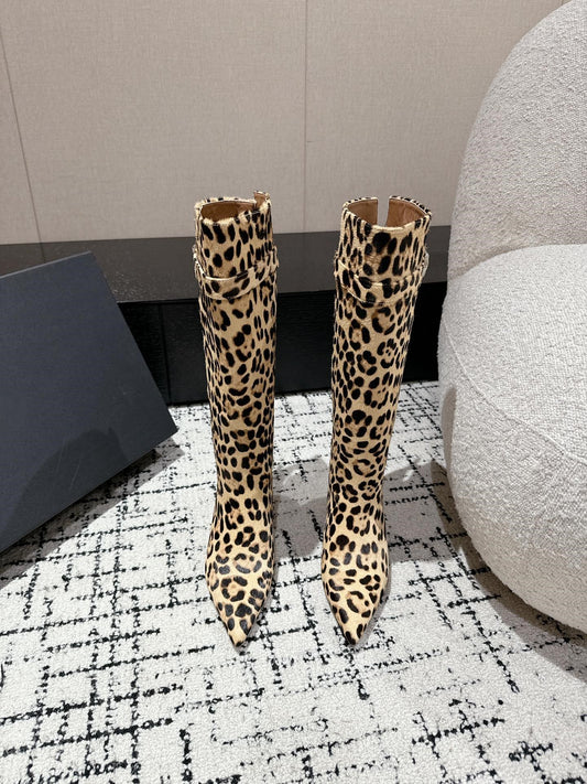 Leopard print leather boots